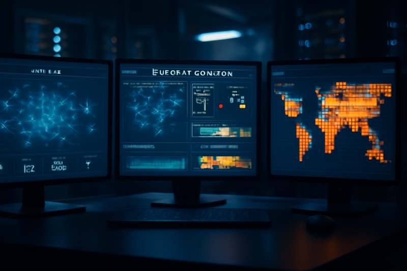Overzicht van vulnerability management dashboards op monitoren in een serverruimte